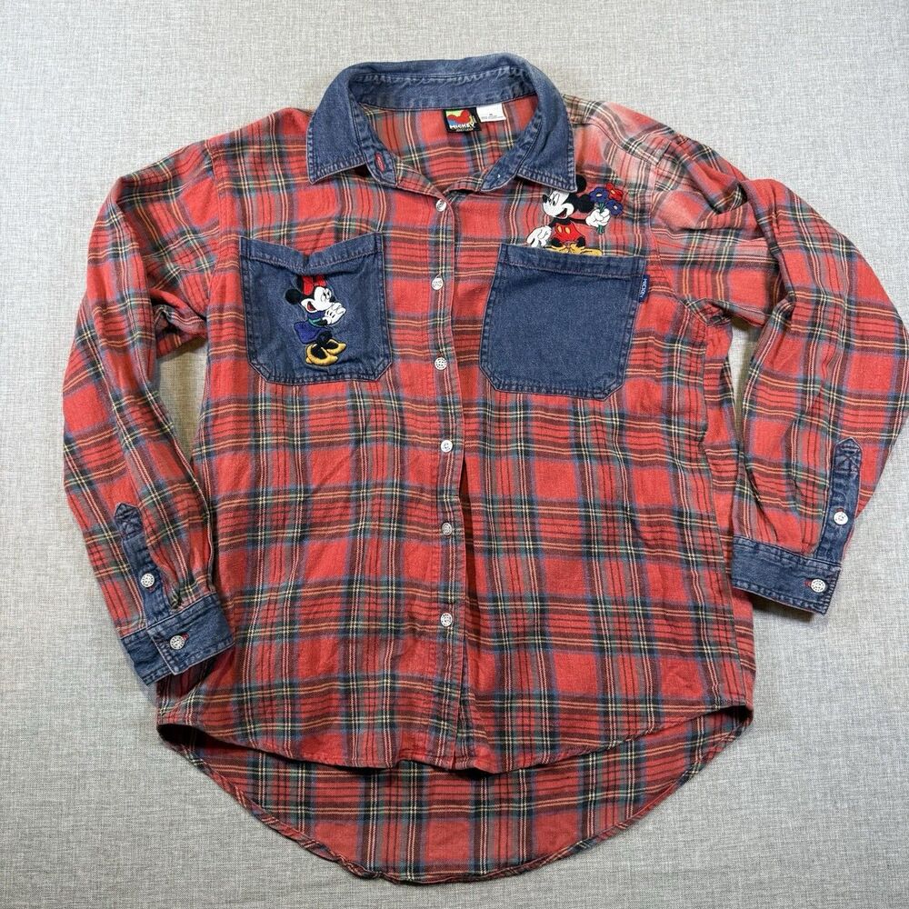 Vintage 90s Disney Minnie Mouse Mickey Unlimited Plaid Flannel Denim Shirt USA